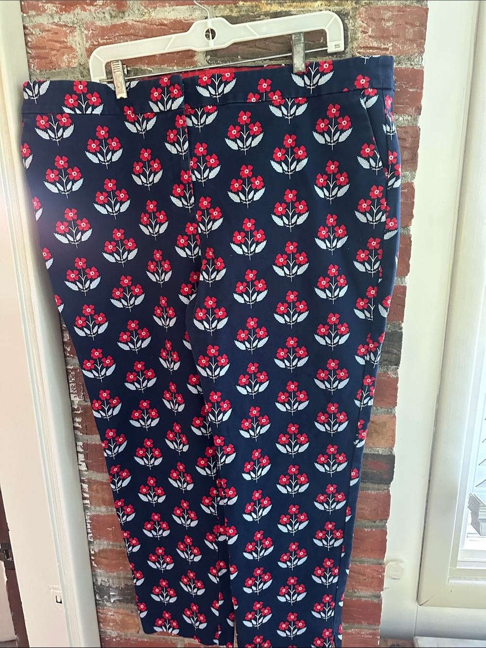 Mini Boden Navy Cropped Pants with Red Floral Motif